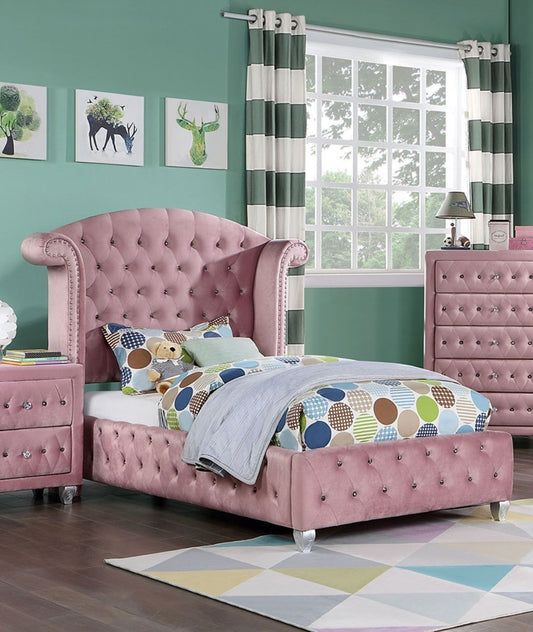 Glam Contemporary Pink Flannelette Upholstered 1pc Twin Size Bed Cabriole Legs Wingback Design Bedroom Furniture