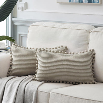 Fancy Homi Dark Gray Decorative Throw Pillow Covers 18X18 Inch with Pom Poms, Boho Farmhouse Home Decor, Soft Corduroy Accent Square Cushion Case for Living Room Couch Bed Sofa 45X45 Cm
