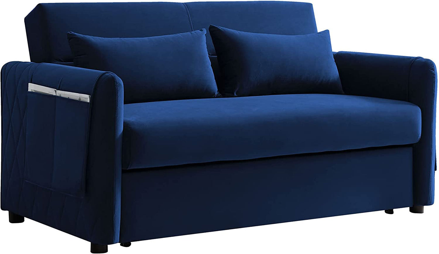 Blue Velvet Convertible Sofa Bed with Adjustable Backrest