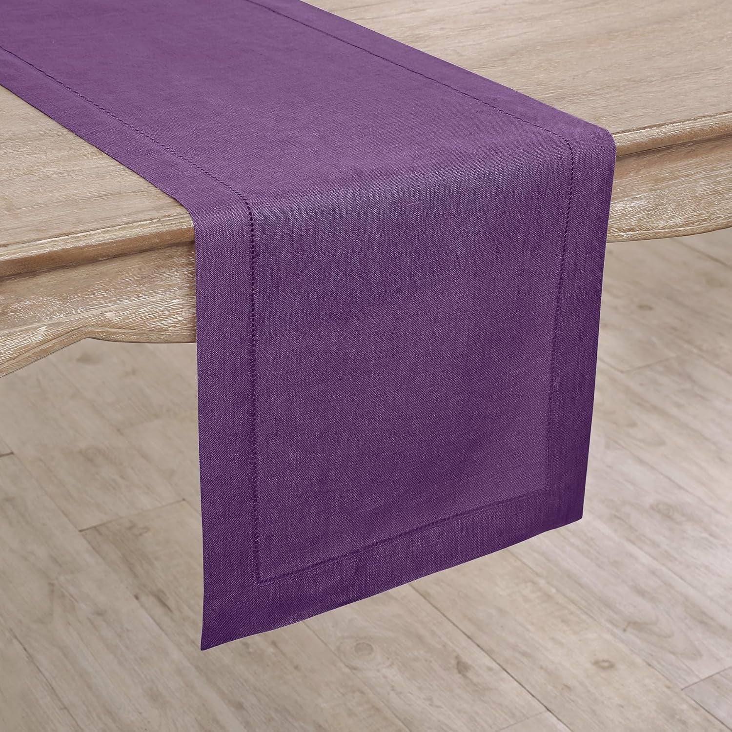 Solino Home Purple Linen Table Runner 60 Inches Long – 100% Pure Linen Classic Hemstitch Table Runner 14 X 60 Inch – Machine Washable Dining Table Runner for Valentines Day, Spring, Easter Decor