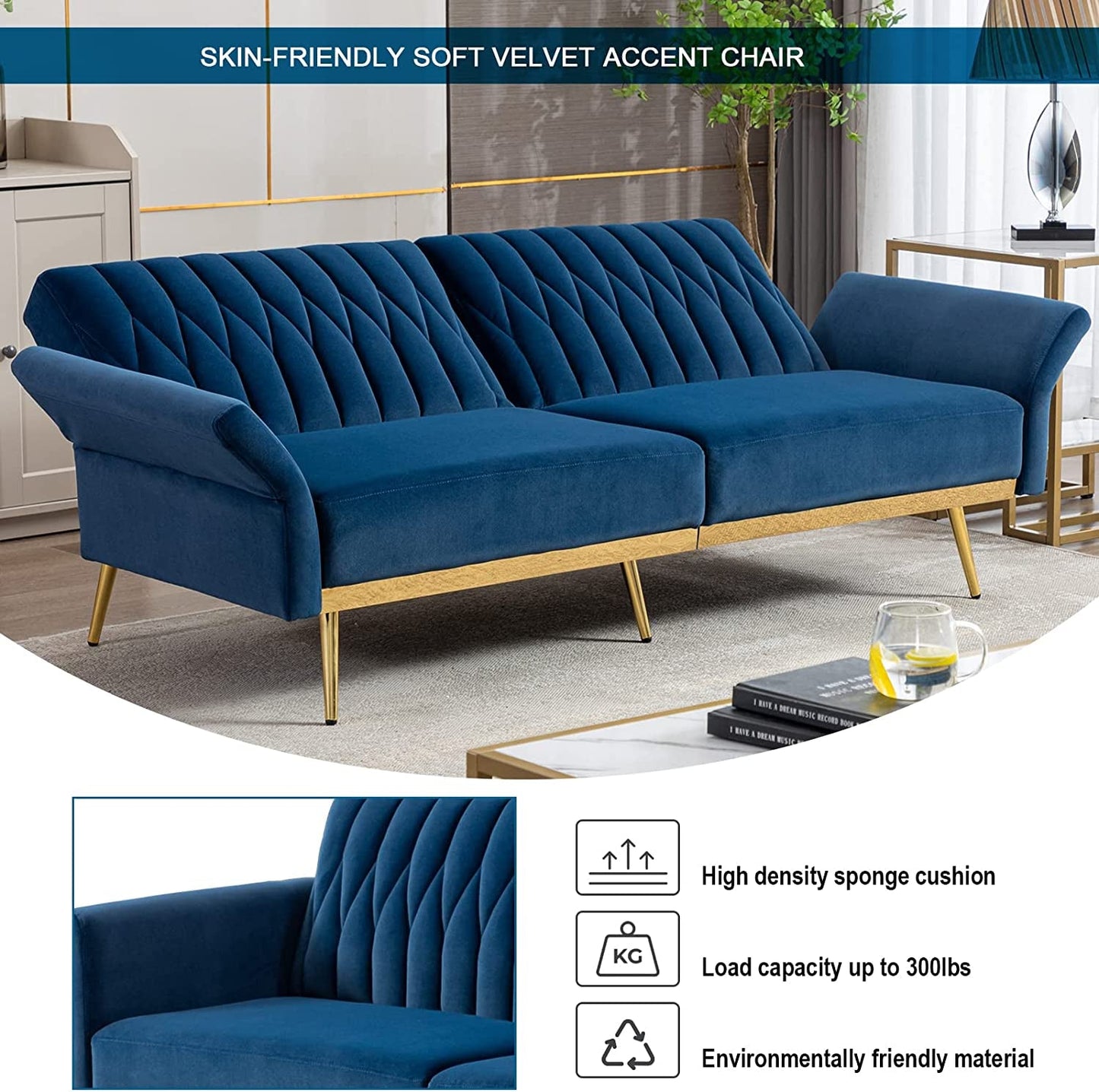 Blue Velvet Convertible Sofa Bed with Metal Legs