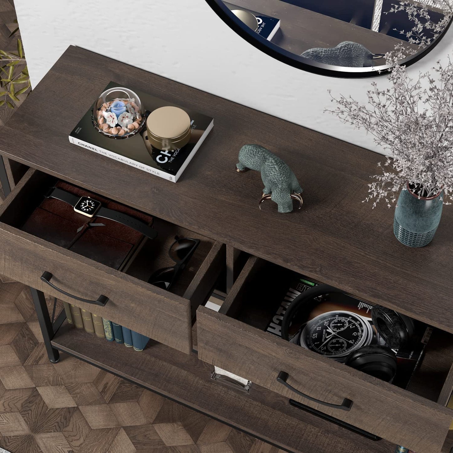 Vintage Industrial Sofa Table with Drawers and Shelves