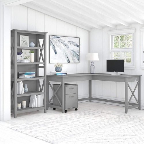 Key West L-Shaped Desk with Mobile File Cabinet for Home Office Workspace