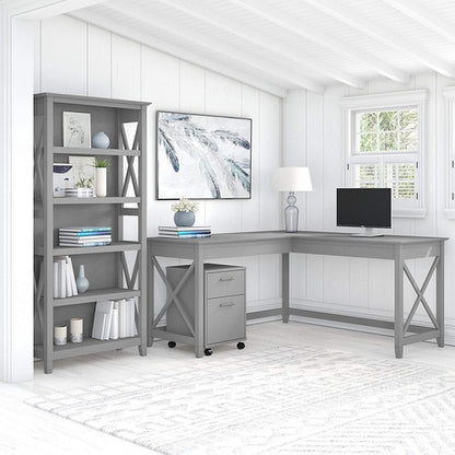 Key West L-Shaped Desk with Mobile File Cabinet for Home Office Workspace