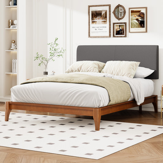 Full Size Solid Dry Bamboo Wood 12 Inch Platform Bed, with Gray Curved Upholstered Adjustable Headboard, Easy Assembly