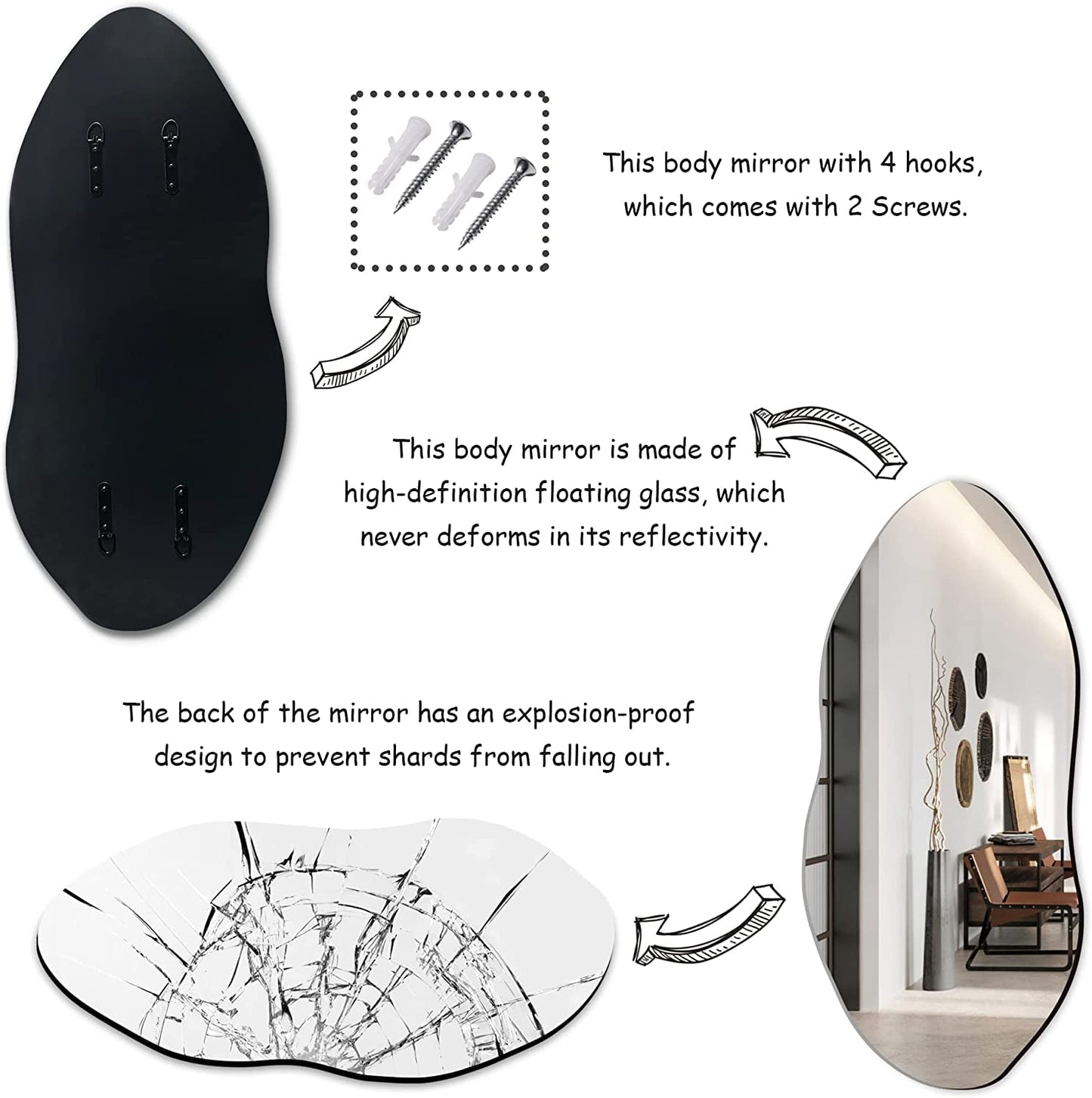 Asymmetrical Frameless Wall Mirror with Hooks for Entryway, Bedroom,