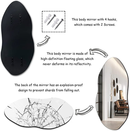 Asymmetrical Frameless Wall Mirror with Hooks for Entryway, Bedroom,