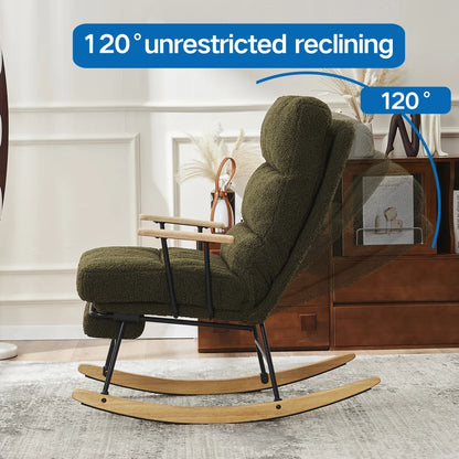 Teddy Fabric Rocking Chair Nursery Chair with Adjustable Back, Modern Gliding Rocking Chair with High Back, Retractable Footrest, Glider Recliner Nursery Chair for Nursery, Living Room, Bedroom,Green