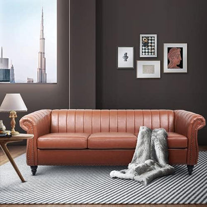 FAMIROSA Chesterfield Sofa, 3 Seater Sofa PU Leather with Rolled Arm Studded Decoration Rotating Solid Wood Legs Couches for Living (Bronze)