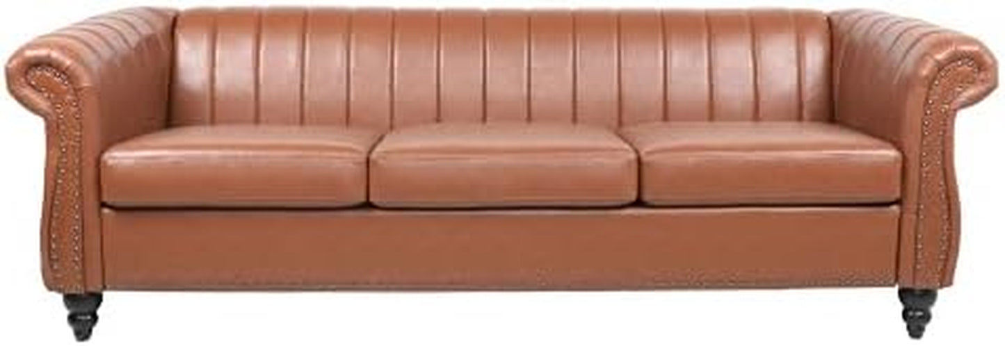 FAMIROSA Chesterfield Sofa, 3 Seater Sofa PU Leather with Rolled Arm Studded Decoration Rotating Solid Wood Legs Couches for Living (Bronze)