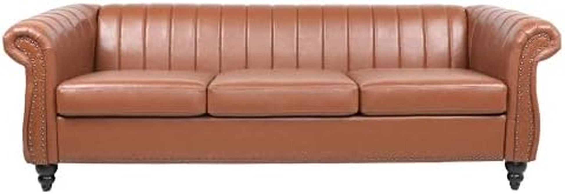 FAMIROSA Chesterfield Sofa, 3 Seater Sofa PU Leather with Rolled Arm Studded Decoration Rotating Solid Wood Legs Couches for Living (Bronze)