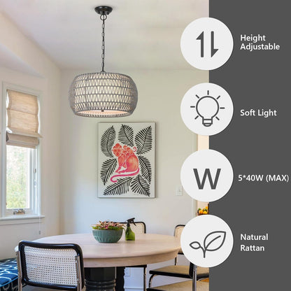 Farmhouse Chandelier Light Fixtures，5-Lights Rattan Dining Room Light