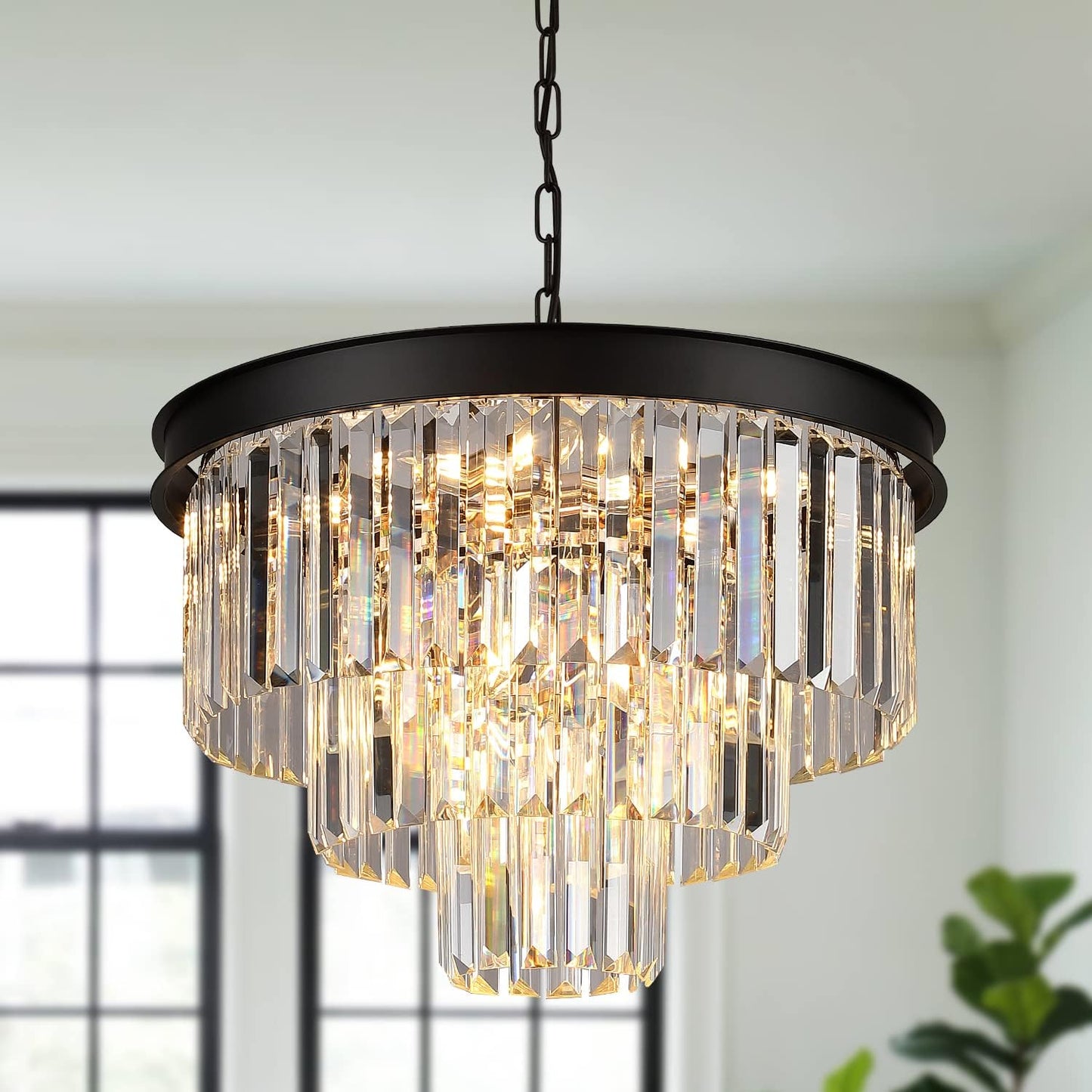 Black Crystal Chandeliers Modern round Chandeliers 20" Dimmable 9 Lights Ceiling Pendant Light Fixtures 3 Tiers Luxury Raindrop for Living Room Dining Room Bedroom Foyer