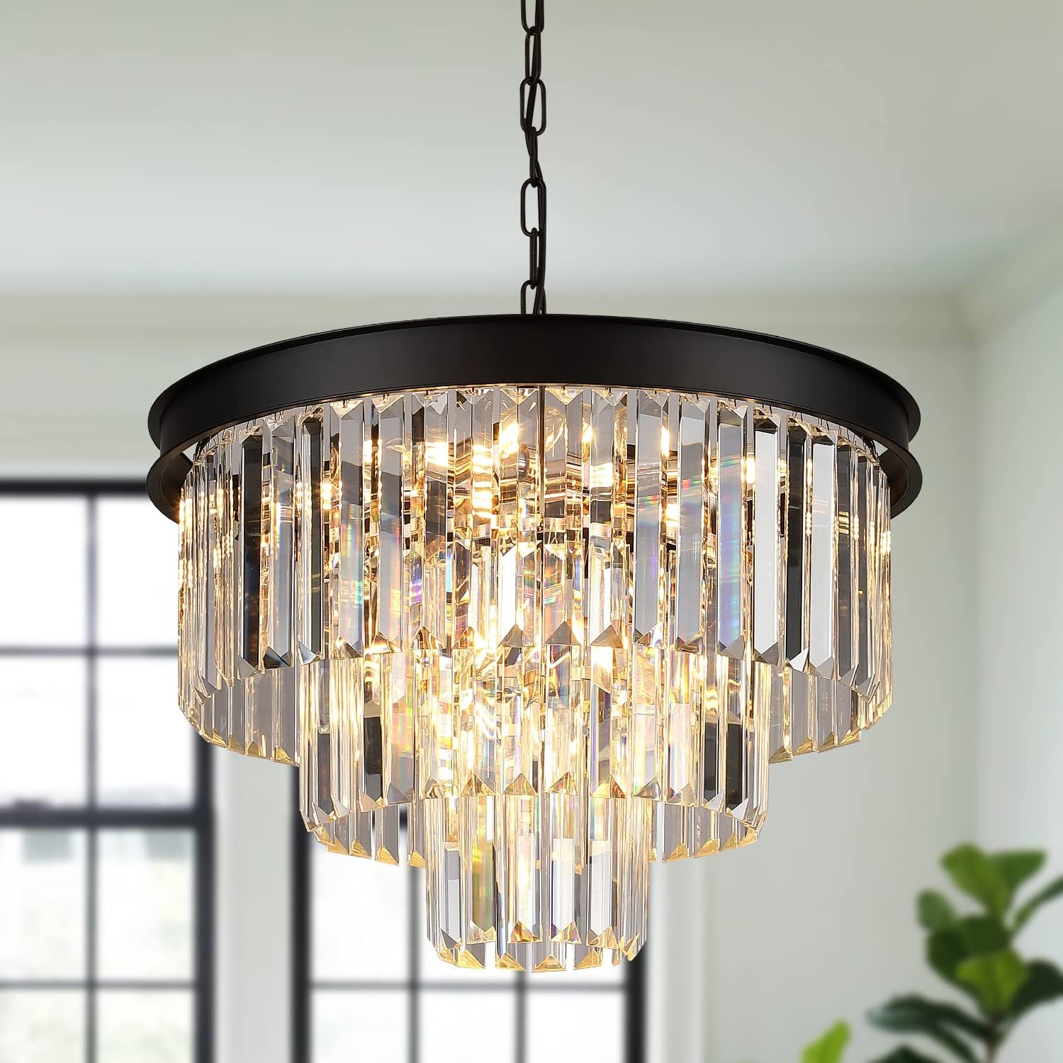 Black Crystal Chandeliers Modern round Chandeliers 20" Dimmable 9 Lights Ceiling Pendant Light Fixtures 3 Tiers Luxury Raindrop for Living Room Dining Room Bedroom Foyer