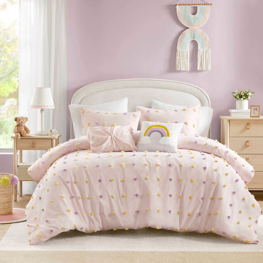 5PCS Full/Queen Cotton Jacquard Pom Pom Comforter Set