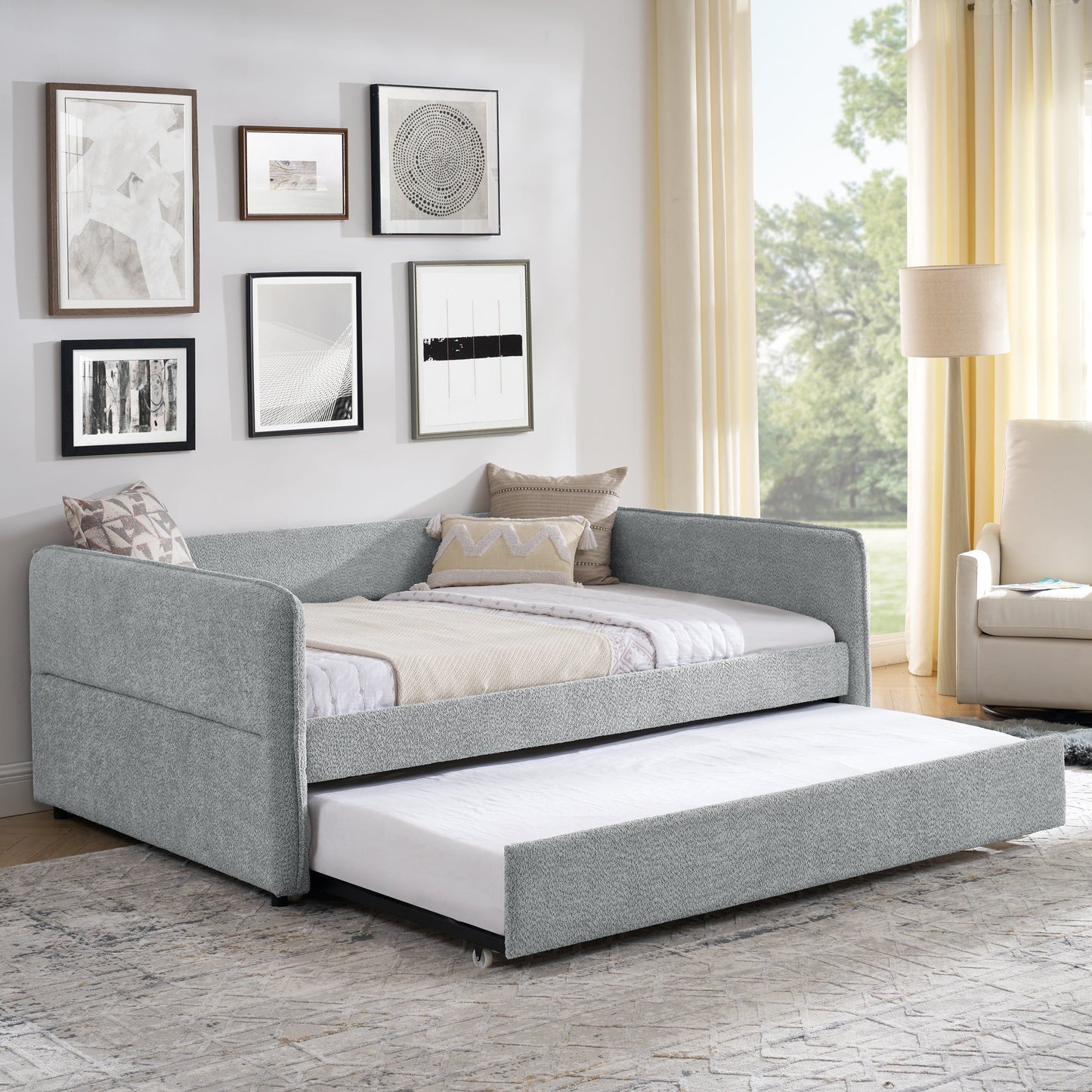 Upholstered Tufted Daybed Sofa Bed with Trundle and Convertible Design
