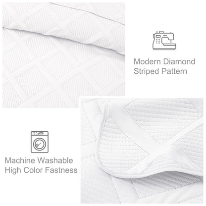 Ultrasonic King Quilt Set, 3-Piece Lightweight Bedspreads Modern Striped Coverlet, White