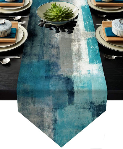 Blue and Grey Table Runner,Abstract Modern Art Burlap Table Runners for Table Dresser Runner Farmhouse Style for Dinner Party Holidays Home Decoration (Blue Grey, 13"X 71")