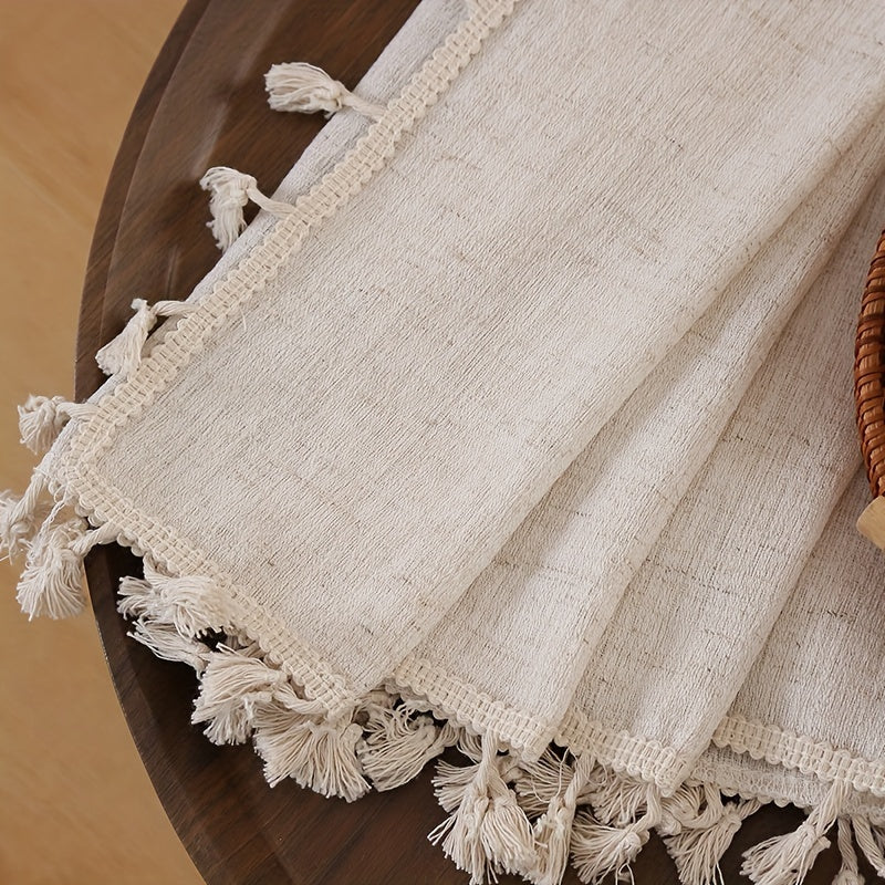 Elegant Beige Sheer Curtain with Tassel Vintage Style