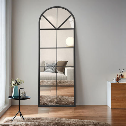 Floor Full Length Mirror, Black Arched-Top, Large Window Pane Mirror,