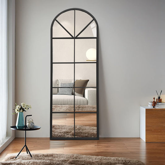 Floor Full Length Mirror, Black Arched-Top, Large Window Pane Mirror,