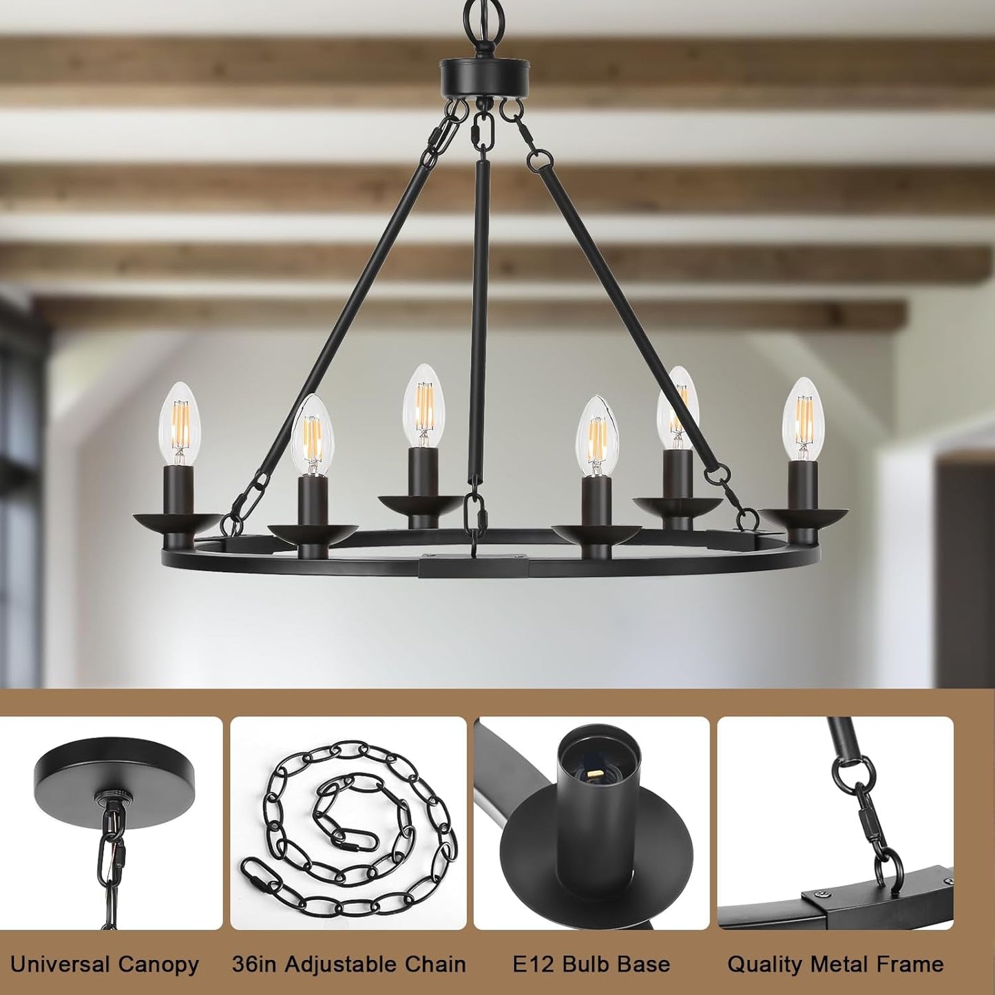 Black Farmhouse Chandelier, 6-Light Wagon Wheel Chandelier with