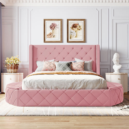 Upholstered Platform Bed Queen Size Storage Velvet Bed with Wingback Headboard and 1 Big Drawer,2 Side Storage Stool(Pink)(Old sku: LP000815AAH)