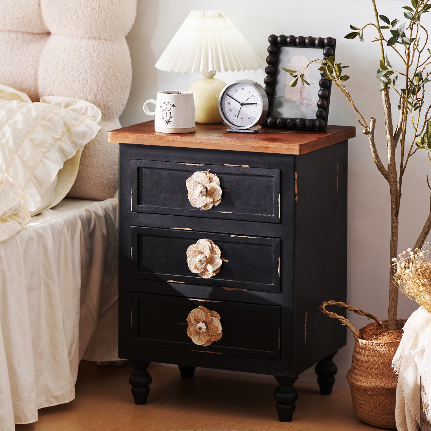 Vintage Farmhouse End Table with Floral Knobs – 19' Rustic Nightstand, 3 Drawers