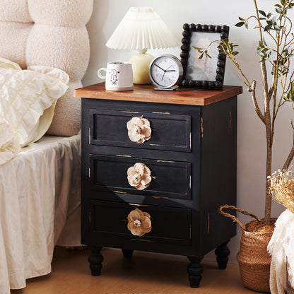 Vintage Farmhouse End Table with Floral Knobs – 19' Rustic Nightstand, 3 Drawers