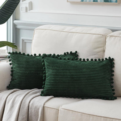 Fancy Homi Dark Gray Decorative Throw Pillow Covers 18X18 Inch with Pom Poms, Boho Farmhouse Home Decor, Soft Corduroy Accent Square Cushion Case for Living Room Couch Bed Sofa 45X45 Cm