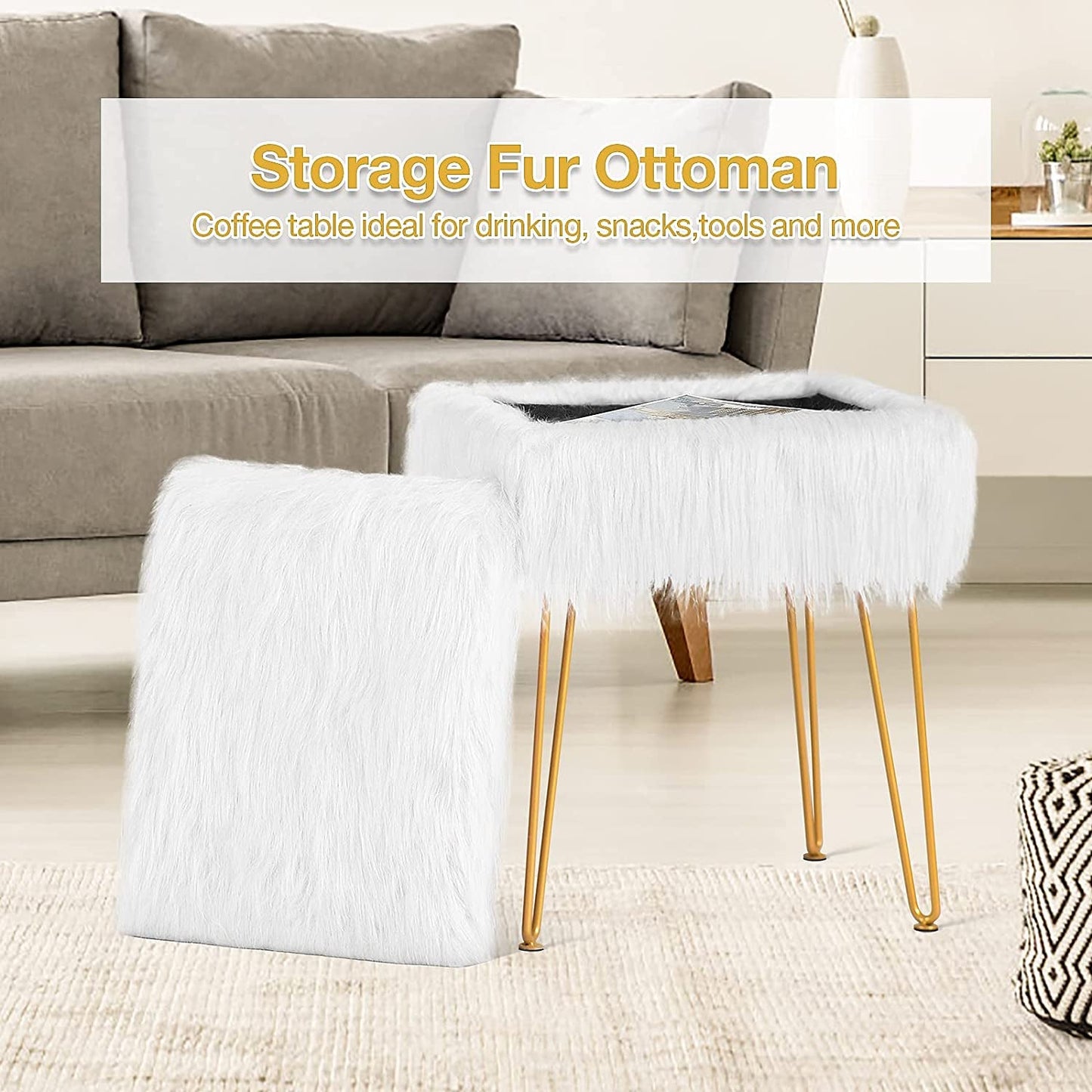 Fuzzy White Ottoman with Gold Legs