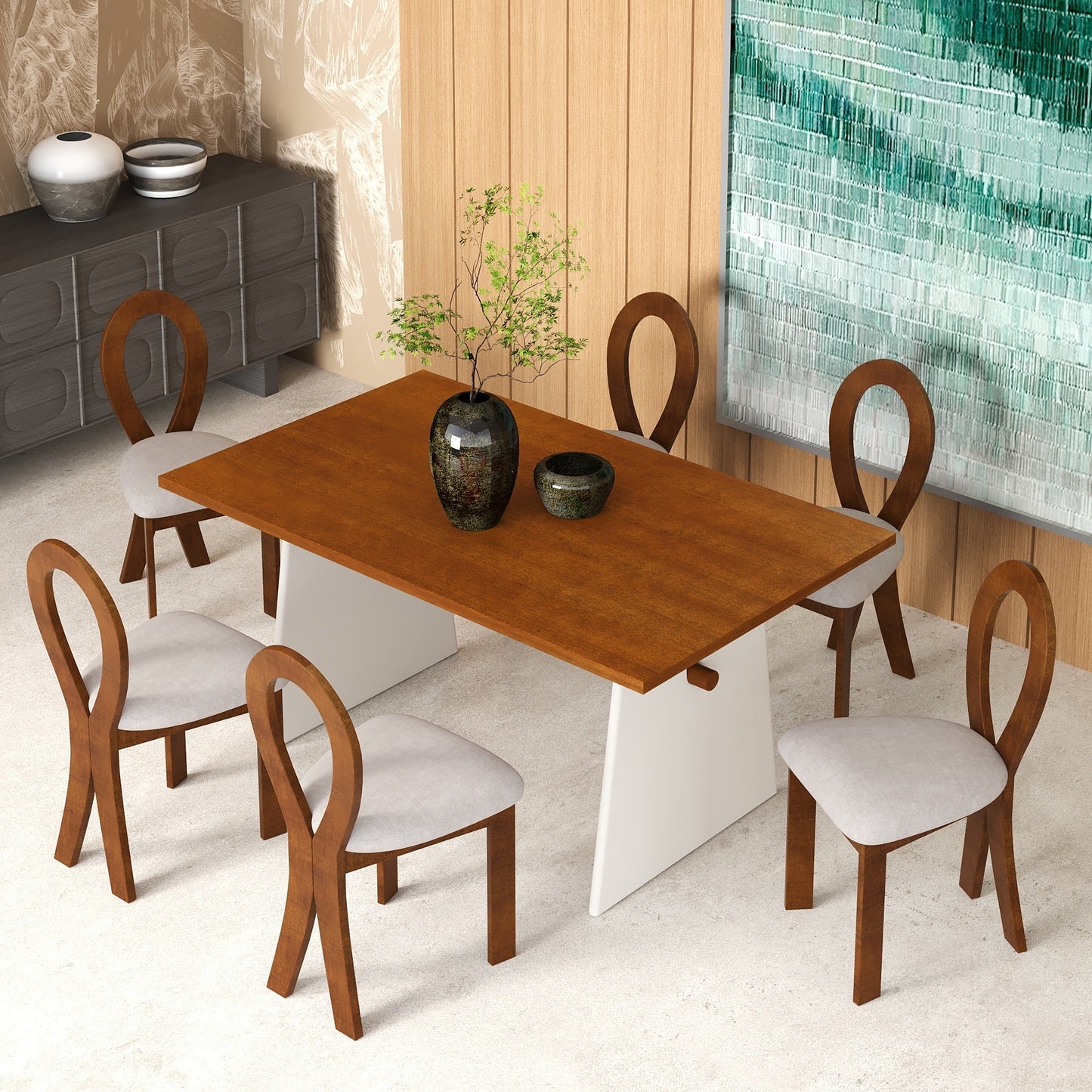 Modern 7-Piece Dining Table Set with Trestle Dining Table and 6