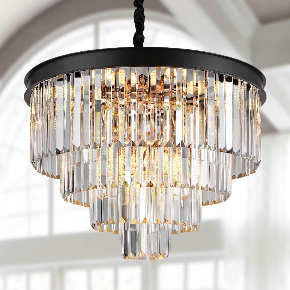 Black Crystal Chandeliers Modern round Chandeliers 20" Dimmable 9 Lights Ceiling Pendant Light Fixtures 3 Tiers Luxury Raindrop for Living Room Dining Room Bedroom Foyer