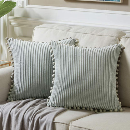 Fancy Homi Dark Gray Decorative Throw Pillow Covers 18X18 Inch with Pom Poms, Boho Farmhouse Home Decor, Soft Corduroy Accent Square Cushion Case for Living Room Couch Bed Sofa 45X45 Cm