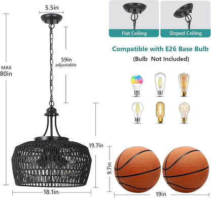 Black Rattan Chandeliers for Dining Room, 5-Light Farmhouse Chandelier