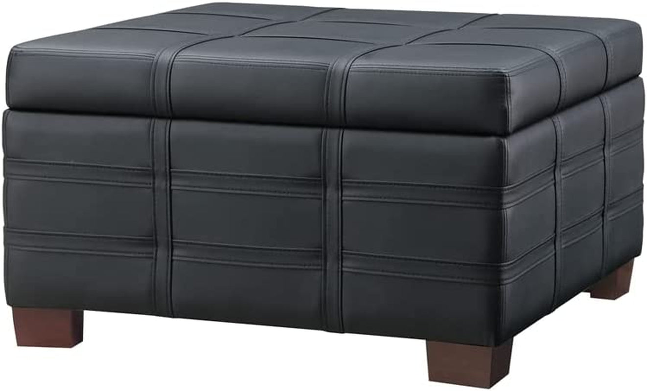Black Faux Leather Storage Ottoman with Tray