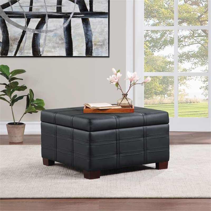 Black Faux Leather Storage Ottoman with Tray