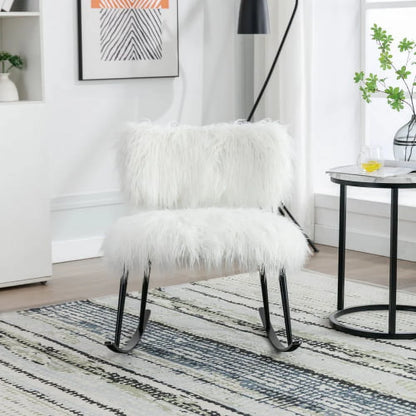 Wide Faux Fur Plush Nursery Rocking Chair, Baby Nursing Chair with Metal Rocker, Fluffy Upholstered Glider Chair, Comfy Mid Century Modern Chair for Living Room
