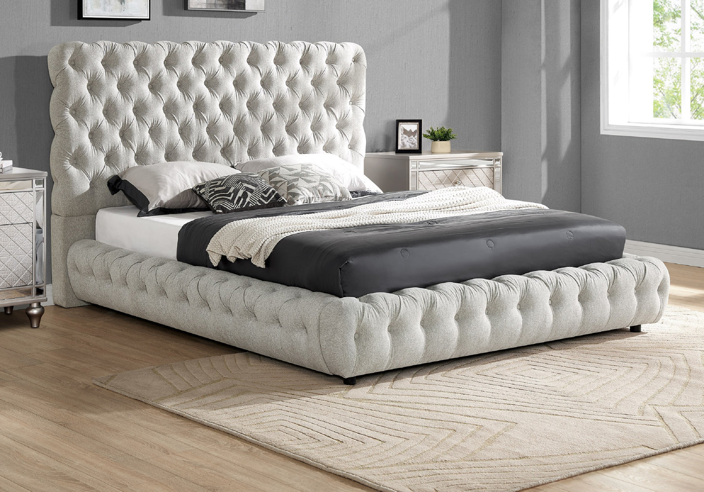 1pc Contemporary Upholstered Bed Tufted Headboard and Footboard Bedroom Furniture