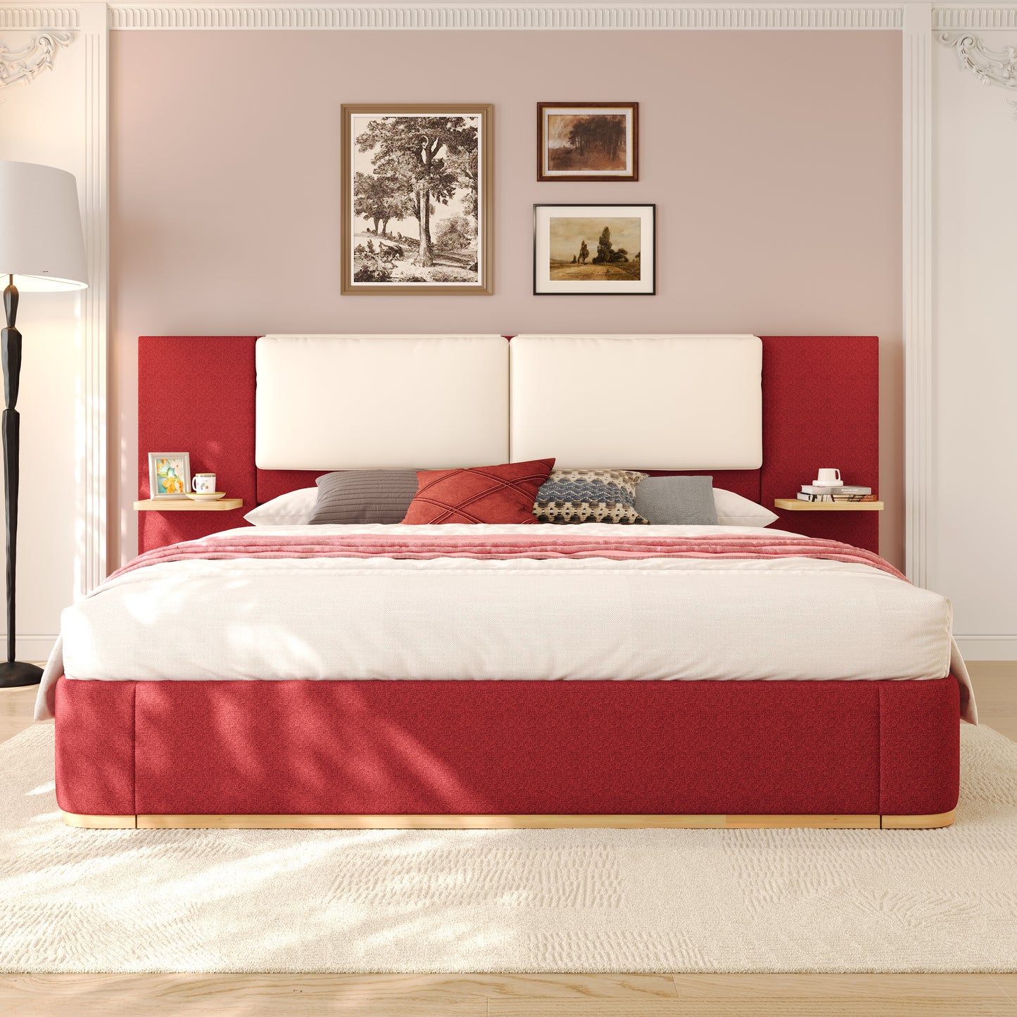 Queen Size Upholstered Platform Bed with Panel, Platform Bed Frame with Anti-Collision Soft Rounded Corners, Stable and Solid, No Box Spring Needed, Easy Assembly, Red