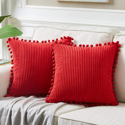 Fancy Homi Dark Gray Decorative Throw Pillow Covers 18X18 Inch with Pom Poms, Boho Farmhouse Home Decor, Soft Corduroy Accent Square Cushion Case for Living Room Couch Bed Sofa 45X45 Cm
