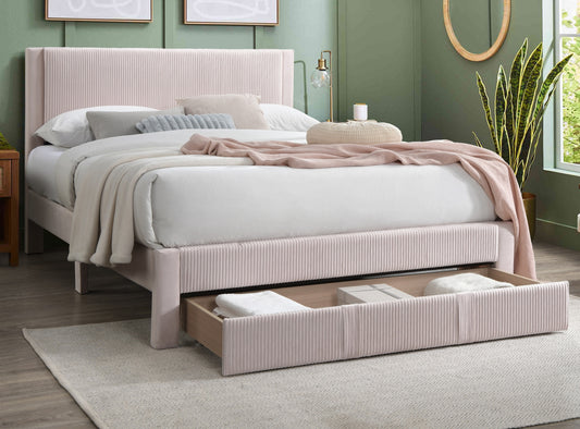 Contemporary Style 1pc Full Size Bed w Storage Drawer Light Pink Corduroy Texture Design Bedroom Furniture