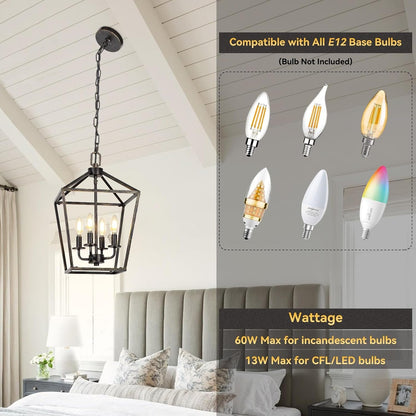 4 Light Chandelier Lighting, Industrial Ceiling Light Black Lantern
