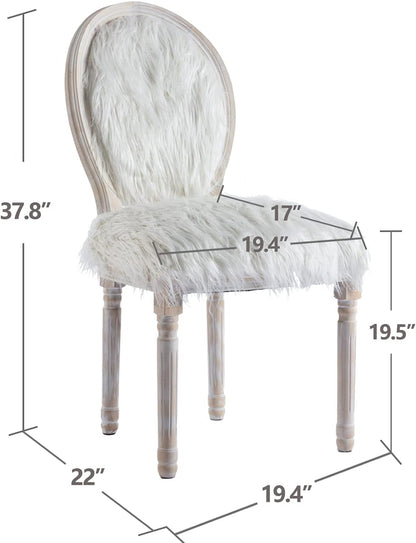 Kmax Faux Fur Elegant Kitchen Chairs Farmhouse Dining Room Chairs Bedroom Vanity Chairs Wood Legs with round Back, White
