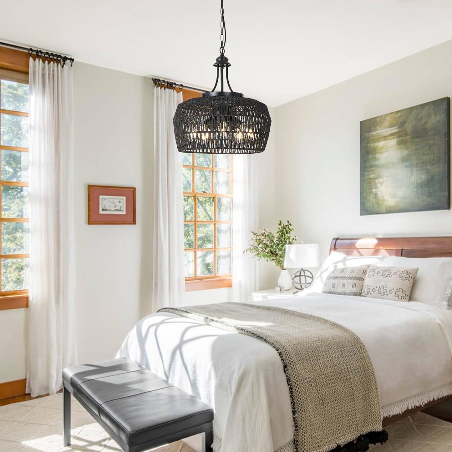 Black Rattan Chandeliers for Dining Room, 5-Light Farmhouse Chandelier