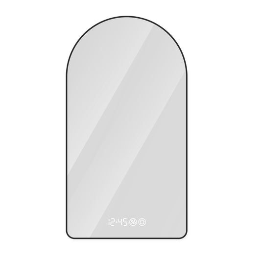 Modern Black Arched LED Bathroom Mirror with Time and Temperature Display, Anti-Fog, Dimmable Light, 28'x48'