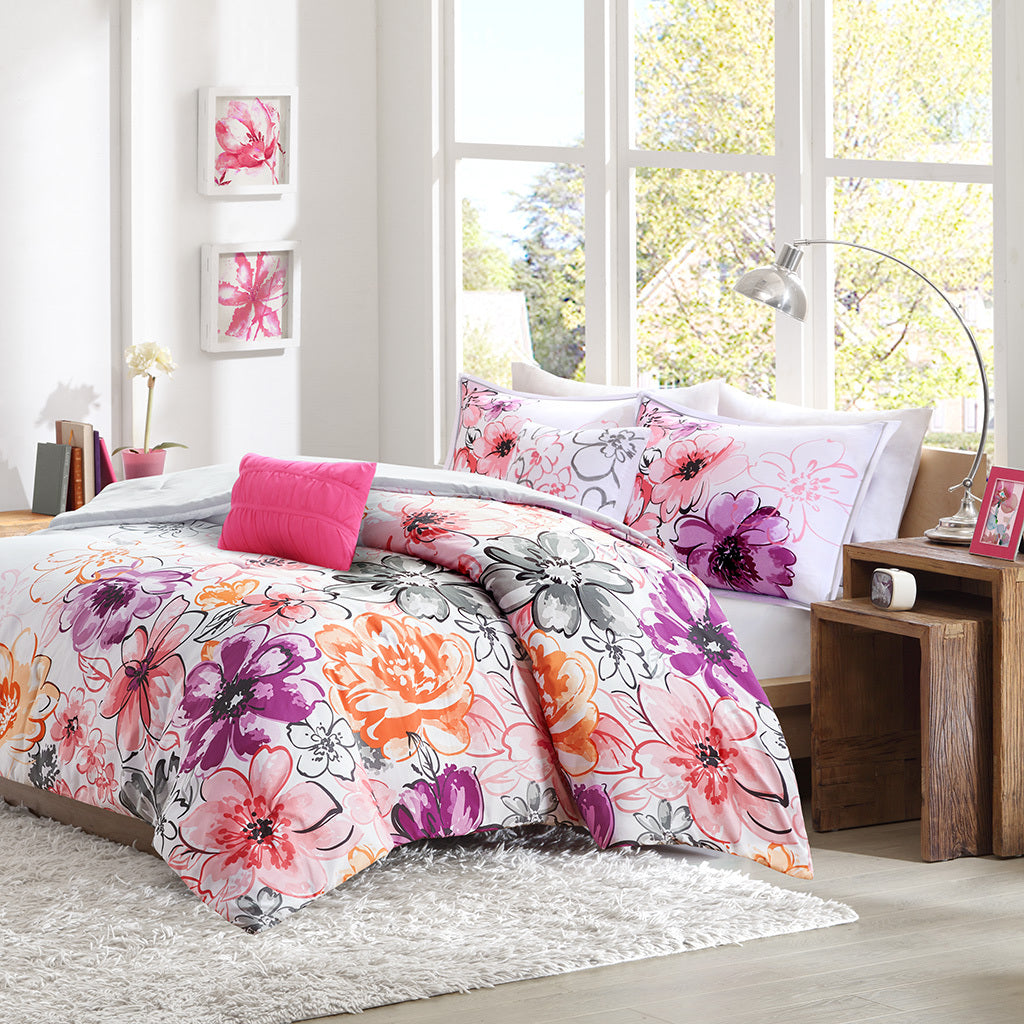 Floral Clip Jacquard Metallic Printed Back Print Long Fur Comforter Mini Set