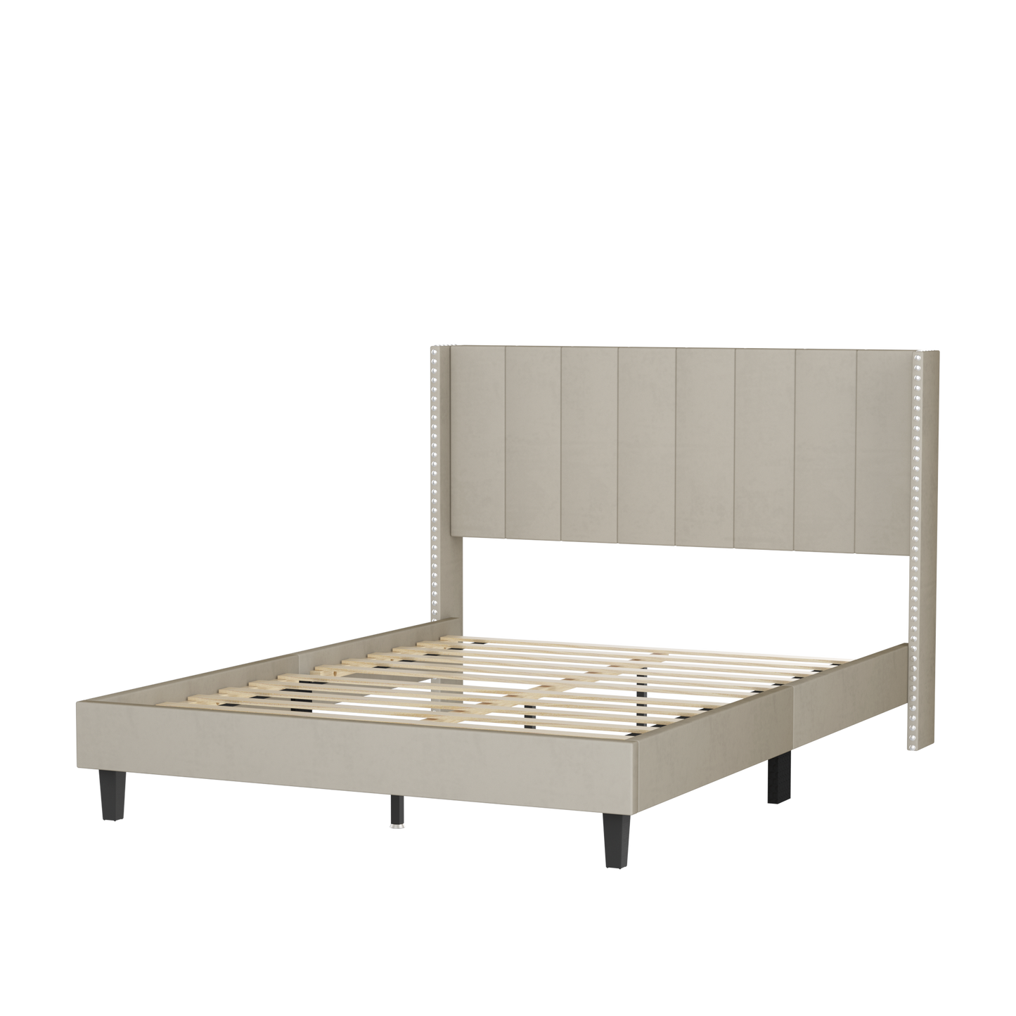 Queen Bed Frame/Velvet Upholstered Bed Frame with Vertical Channel
