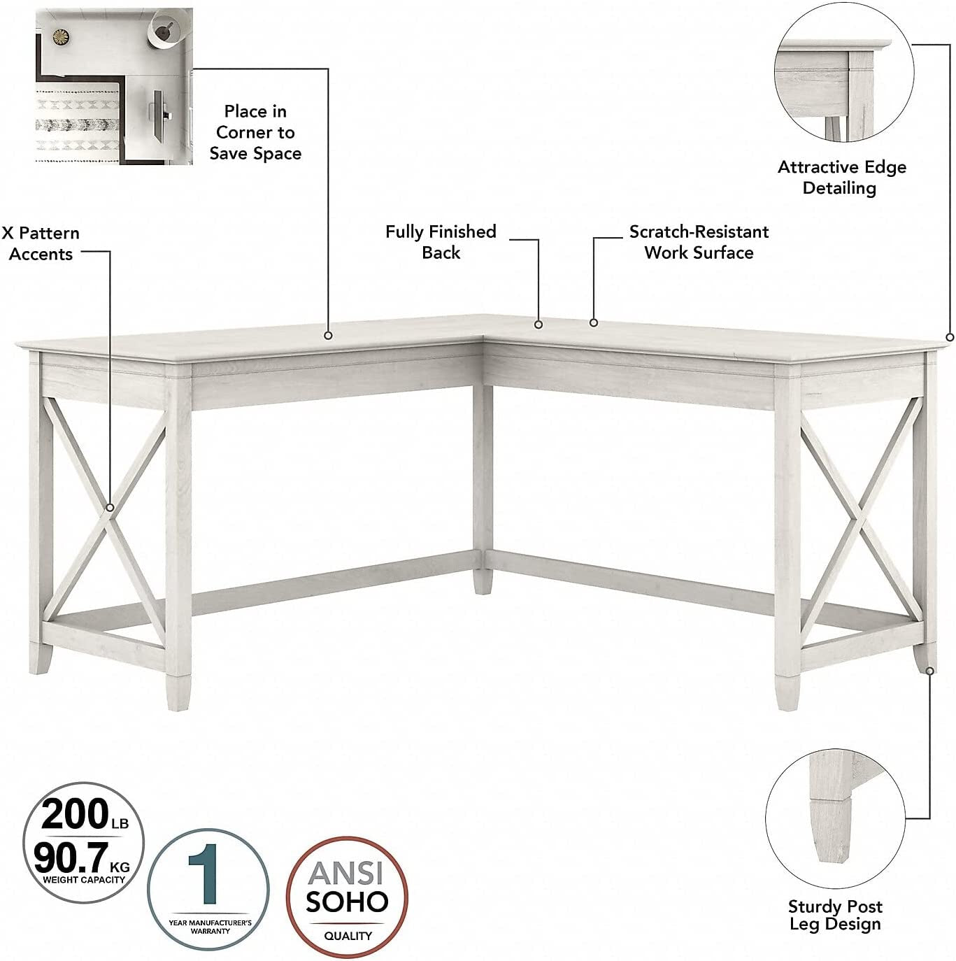 Key West L-Shaped Desk with Mobile File Cabinet for Home Office Workspace