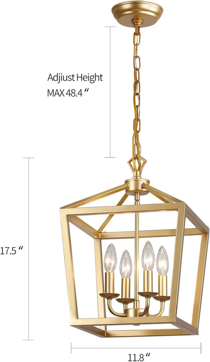 Gold Lantern Chandelier Hanging Pendant Light Fixture 4-Lights for